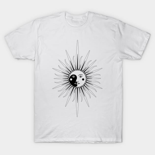 Sun Moon Face Black and White T-Shirt by Julia_Faranchuk